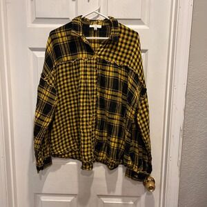 Umgee USA Womens 2XL Button Down Flannel Shirt Top Yellow Black Plaid Boho
